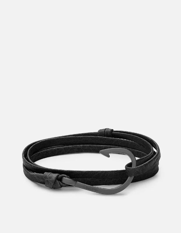 Ladies bracelets for trailblazer vibes -Matte Black Rhodium Plated Silver Hook Black Leather Wrap Bracelet