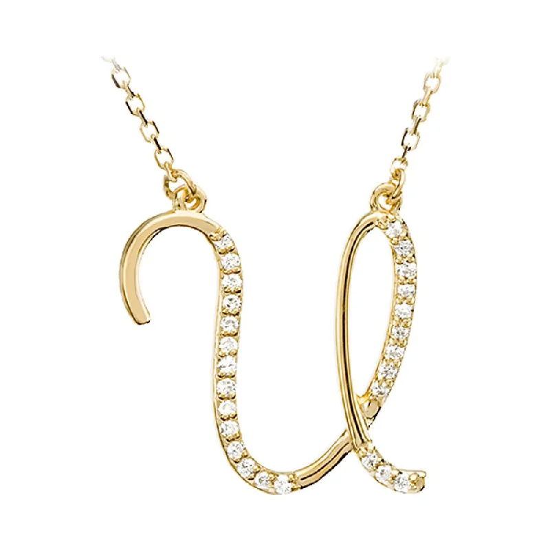 Ladies necklaces with chord charms -1/8 Ctw Diamond 14k Yellow Gold Medium Script Initial U Necklace, 17in