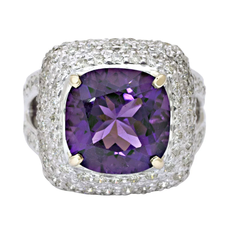 ladies-silver-bezel-rings-Ring-Amethyst and Diamond