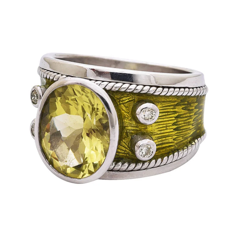 ladies-heart-platinum-rings-Ring - Lemon Quartz And Diamond (Enamel) In Silver  (244NS)