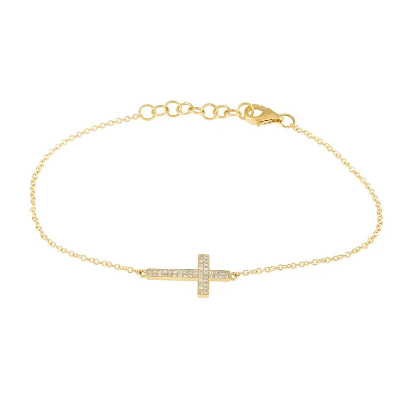 Ladies bracelets with crystal inlays -14k Yellow Gold Diamond Pave Sideways Cross Bracelet