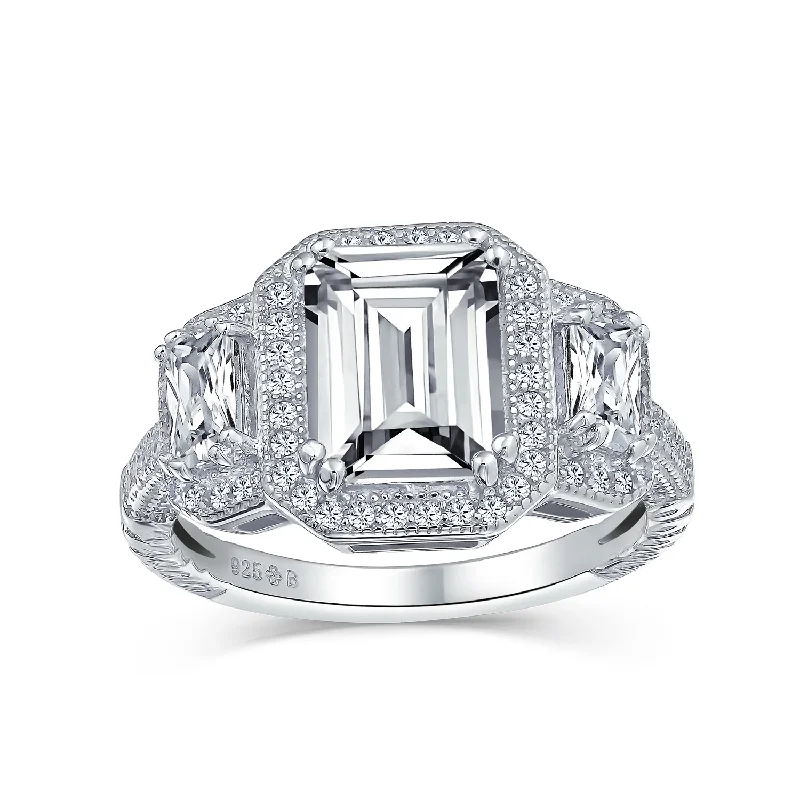 engagement-radiant-cut-emerald-rings-Estate Vintage Art Deco 3CT CZ Halo Emerald Cut Engagement Ring Sterling Silver