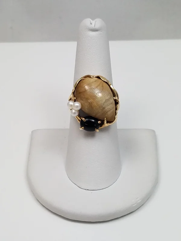 ladies-wedding-rose-gold-rings-Vintage Natural Gold, Black Coral, & Cultured Pearl 14k Yellow Gold Ring