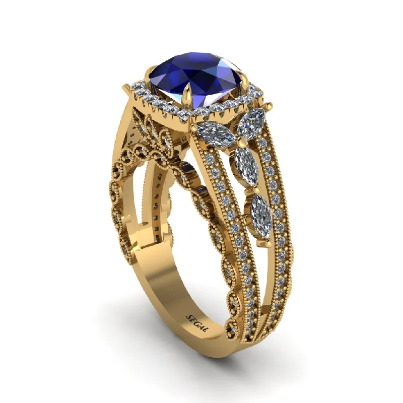 engagement-oval-gold-rings-Sapphire Eternal Embrace Double Shank Filigree Engagement Ring - Celine No. 13