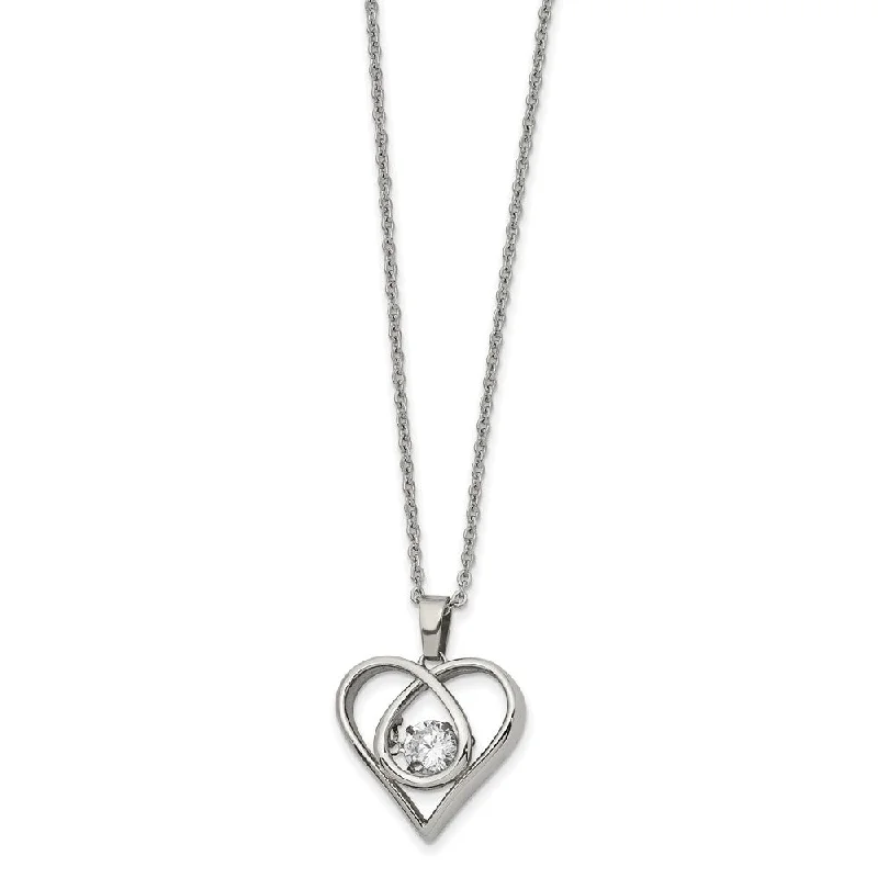 Ladies necklaces for brush artists -Stainless Steel and CZ 19mm Heart Necklace, 16-18 Inch