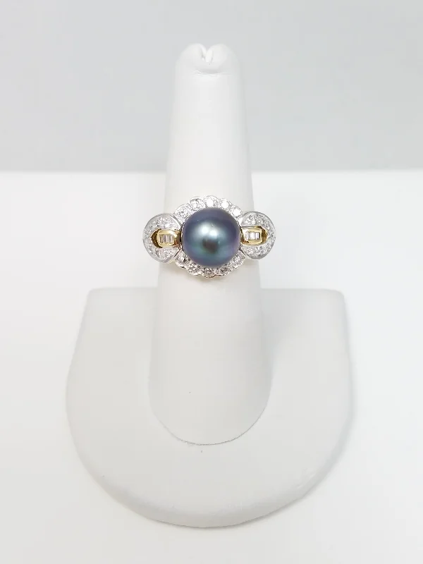 ladies-minimalist-gold-rings-Glamorous 14k Yellow Gold Natural Cultured South Sea Pearl Diamond Ring