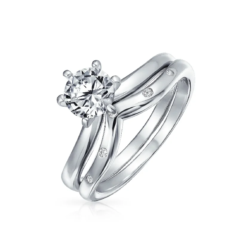 engagement-elegant-cathedral-rings-1CT Solitaire AAA CZ Etoile Engagement Ring Set .925 Sterling Silver