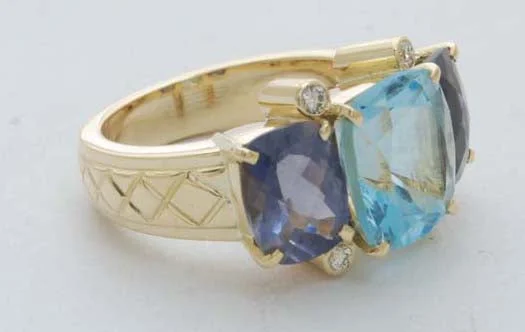 ladies-elegant-white-gold-rings-Repair - Ring - Blue Topaz, Iolite and Diamond in 18K Gold (1697J)