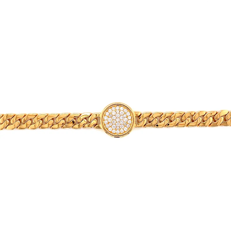 Ladies bracelets with orbit charms -18K Yellow Gold Diamond Pave Circle + Curb Link Bracelet