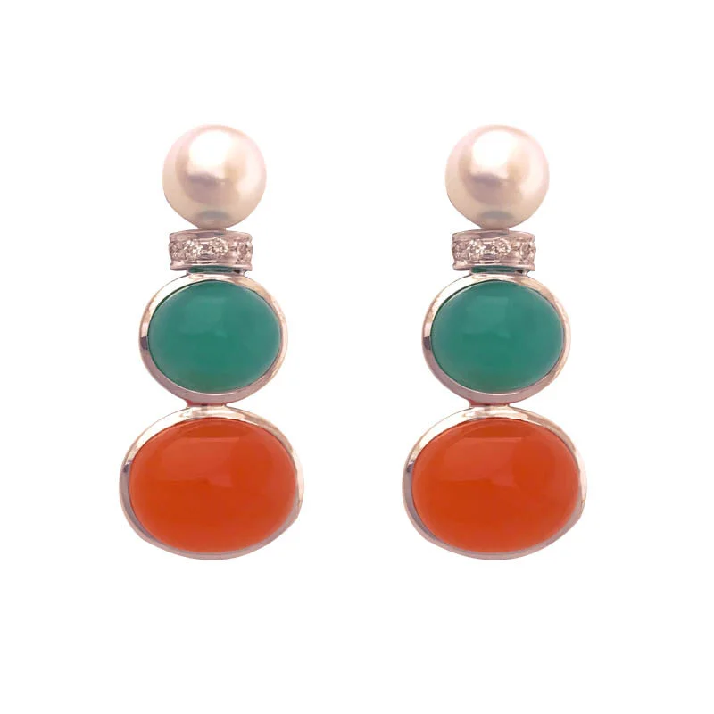 ladies-pearl-french-wire-earrings-EARRINGS- CORNELIAN, CHRYSOPRASE, S.S. PEARL AND DIAMOND IN SILVER