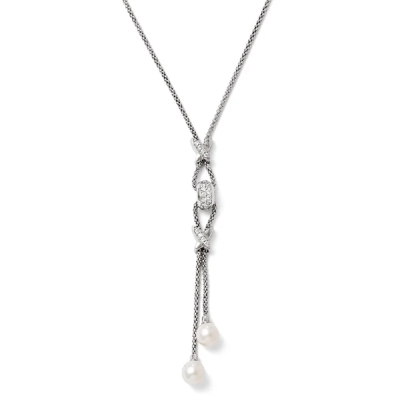 Ladies necklaces for luxe nights -CZ and Freshwater Cultured Pearl Drop Necklace in Sterling Silver