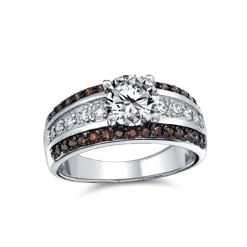 engagement-wedding-halo-rings-3ct AAA CZ Two Tone Chocolate Brown Solitaire Engagement Ring with Pave Band