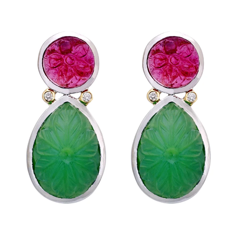 ladies-hook-gold-earrings-Earrings- Chrysoprase, Rubellite and Diamond