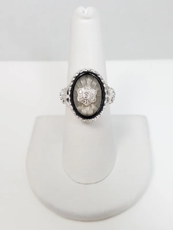 ladies-pearl-cluster-rings-Stunning 14k White Gold Frosted Crystal Natural Onyx Diamond Custom Ring