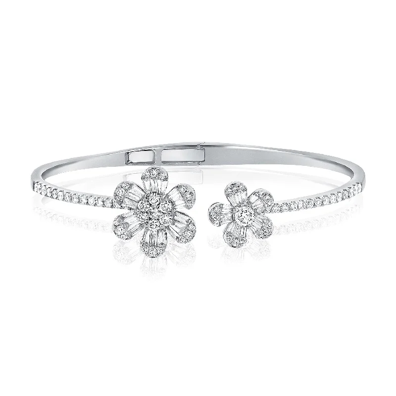 Ladies bracelets with emerald shine -14K White Gold Baguette Double Flower Hinged Cuff Bracelet