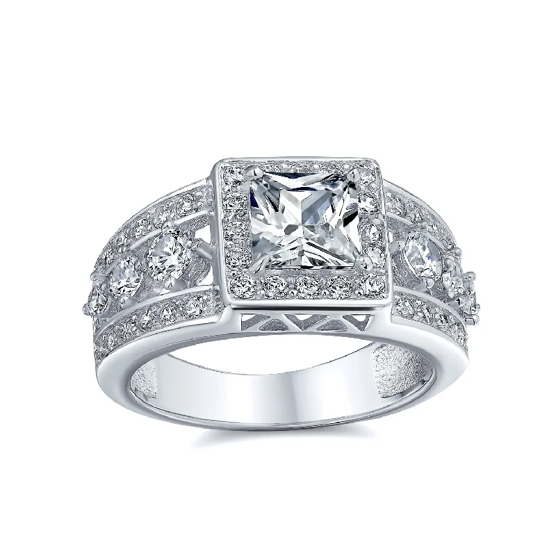 engagement-unique-silver-rings-Square Cut Halo AAA CZ Art Deco Princess Engagement Ring, 3 Row Band Silver