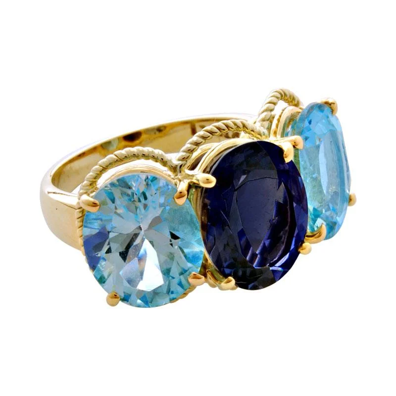 ladies-radiant-cut-emerald-rings-Ring - Blue Topaz and Iolite in 18K Gold