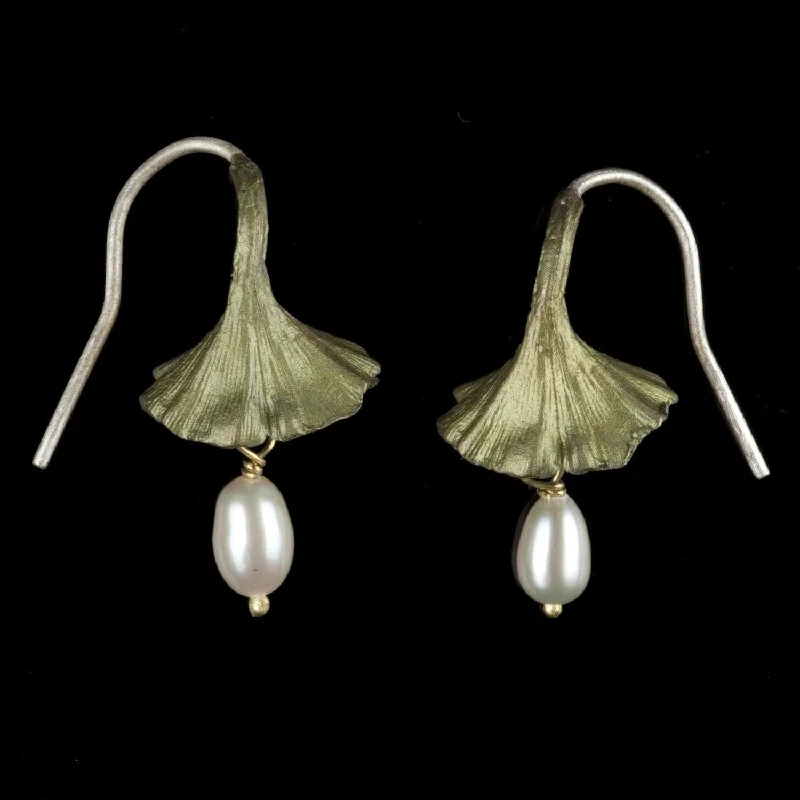 ladies-diamond-gold-earrings-Ginkgo Earrings - Pearl Drop