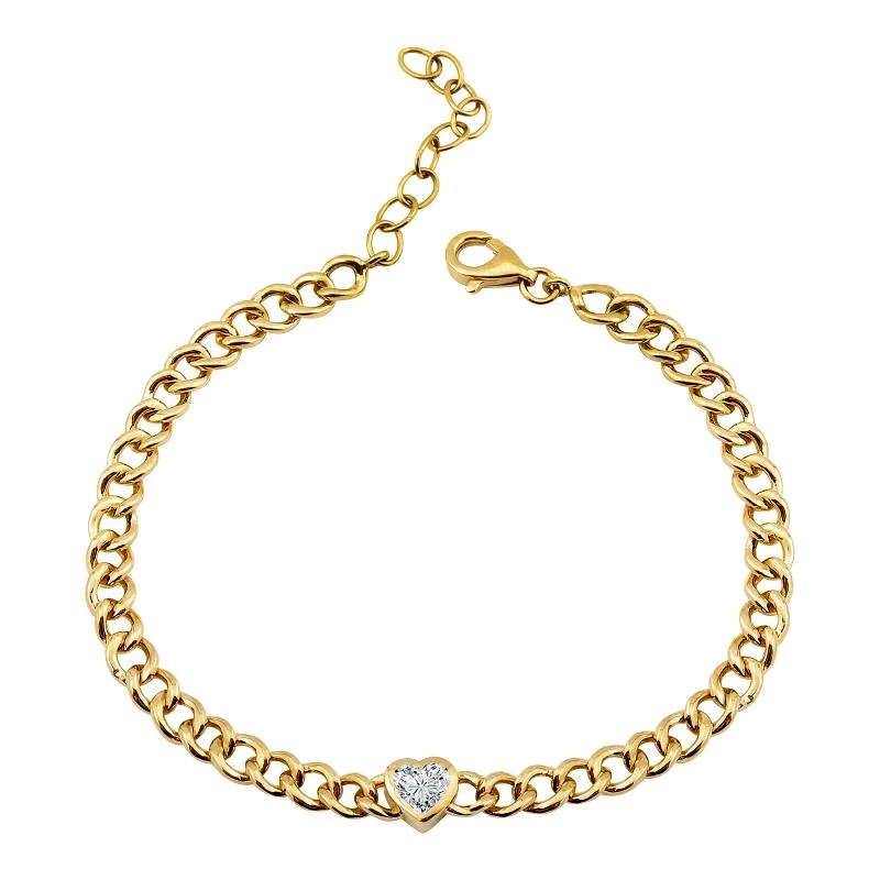 Ladies bracelets with dusk pendants -14k Yellow Gold Cuban Link White Topaz Heart Bracelet