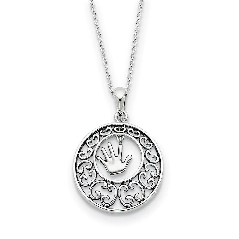 Ladies necklaces creative edge -Rhodium Plated Sterling Silver Children, Handprint Necklace, 18 Inch