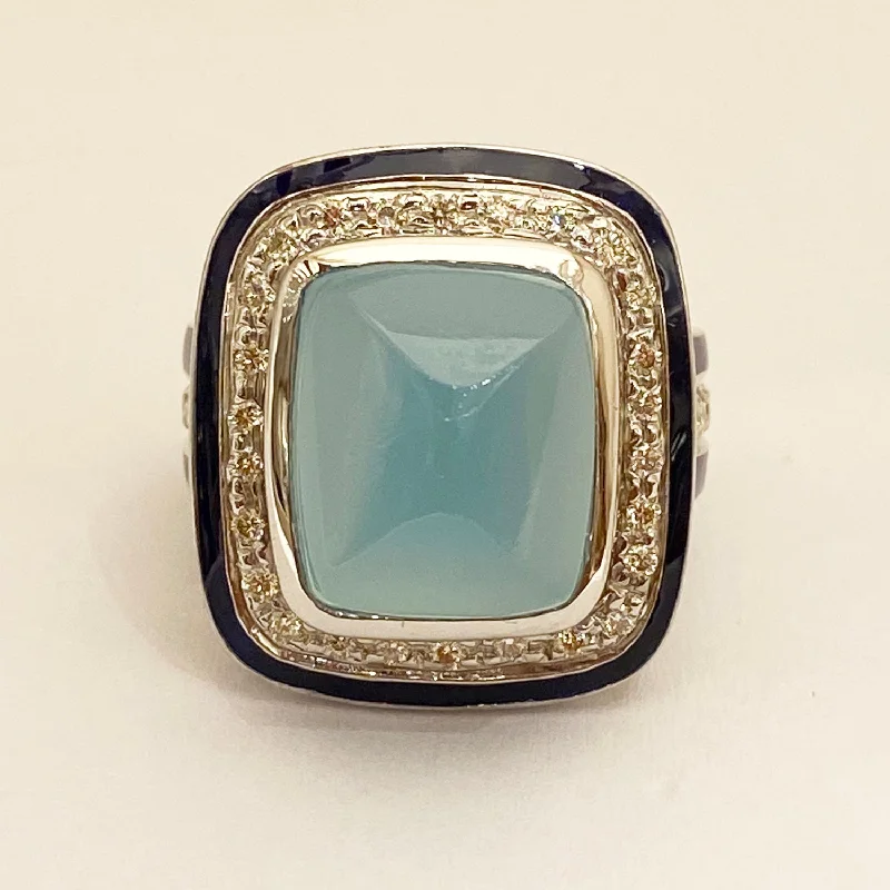 ladies-gold-narrow-band-rings-Ring - Chalcedony and Diamond (Enamel) in Silver