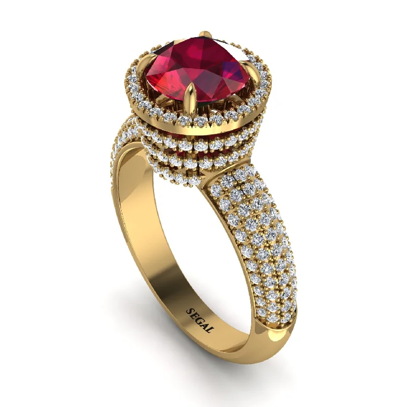 engagement-ruby-cathedral-rings-Ruby Cluster Halo Engagement Ring - Katie No. 10