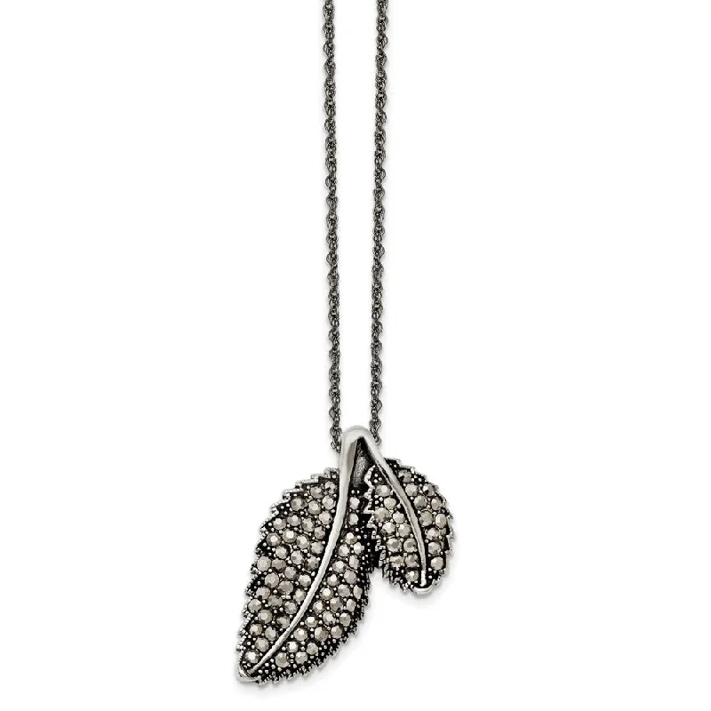 Ladies necklaces for island days -Marcasite Leaf Necklace in Antiqued Stainless Steel, 20 Inch