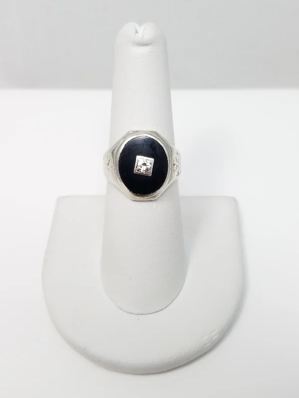 ladies-minimalist-diamond-rings-Casual 10k White Gold Art Deco 1930's Natural Onyx Diamond Ring Band