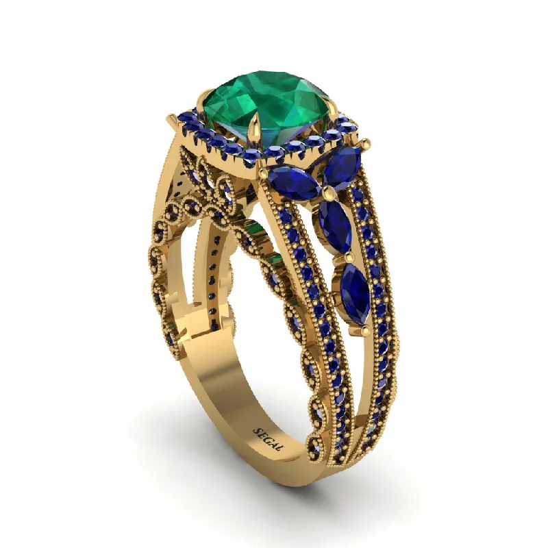 engagement-gold-channel-set-rings-Emerald Eternal Embrace Double Shank Filigree Engagement Ring - Celine No. 64