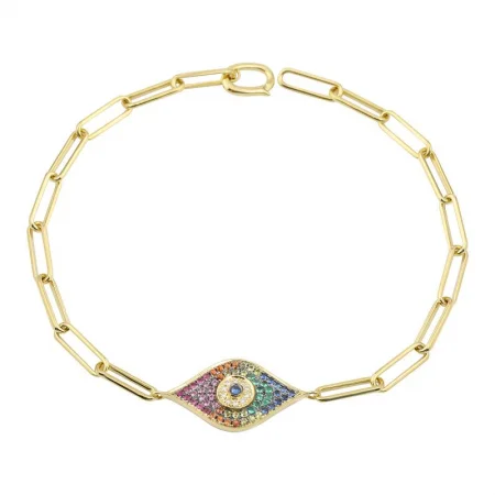 Ladies bracelets for nightlife vibes -14k Yellow Gold Rainbow Evil Eye Paper Clip Link Bracelet