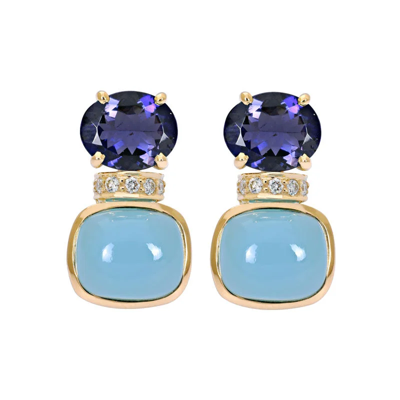 ladies-custom-gold-earrings-Earrings- Iolite, Chalcedony and Diamond