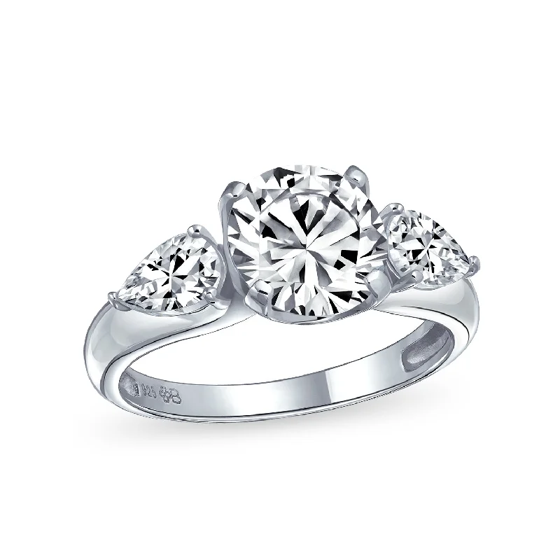 engagement-marquise-cut-gold-rings-Timeless 3CT CZ Solitaire Round Engagement Ring with Trillion Side Stones Silver