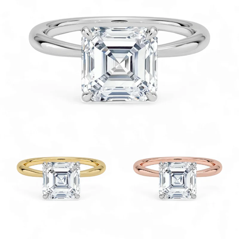 engagement-radiant-cut-diamond-rings-14K Gold Solitaire Engagement Ring with IGI Certified Asscher Cut Lab Grown Diamond.