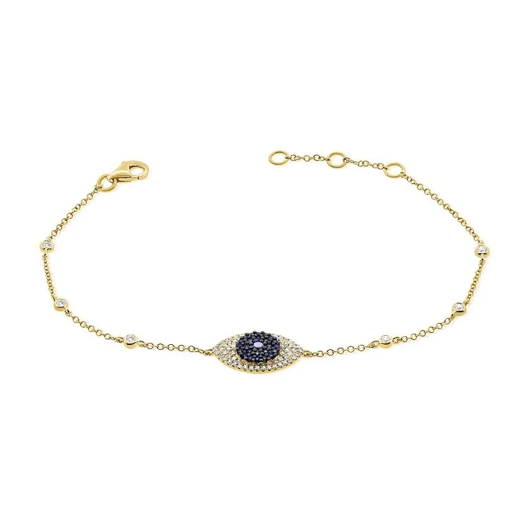 Ladies bracelets unique flair -14K Yellow Gold Diamond and Blue Sapphire Evil Eye Bracelet