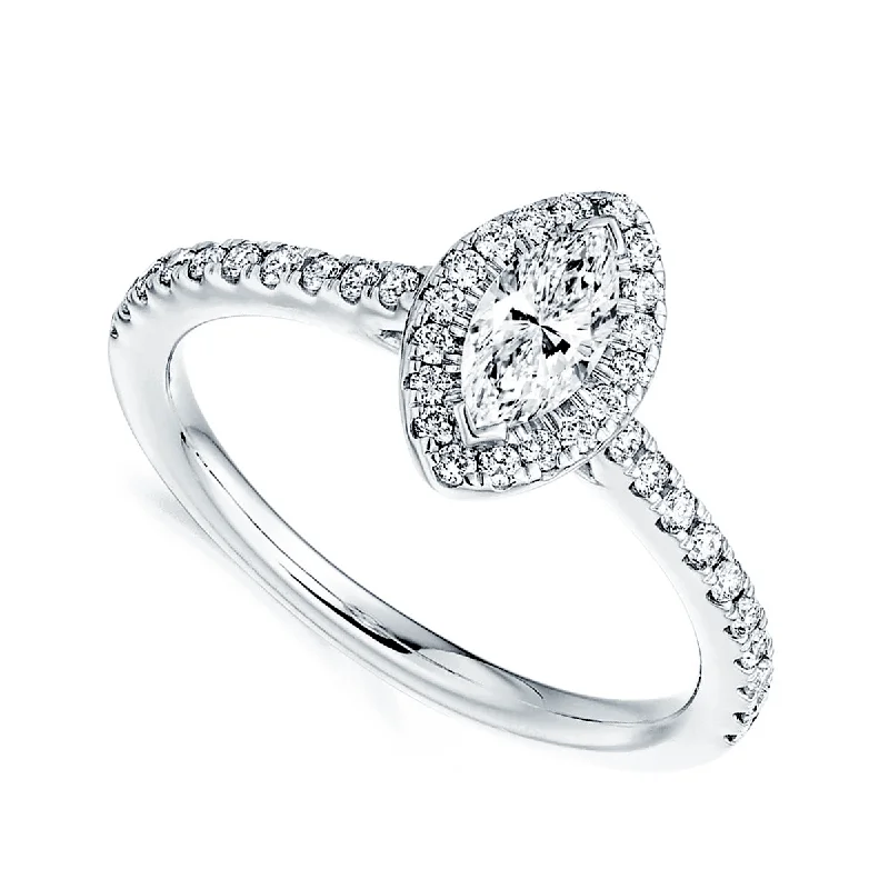 engagement-round-platinum-rings-Platinum Halo Set Marquise Cut Diamond & Pave Set Shoulders Engagement Ring