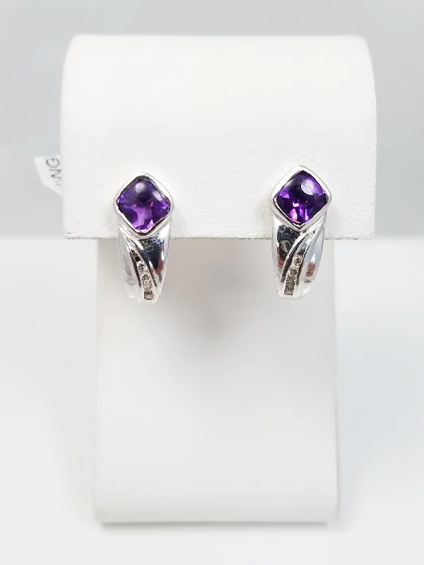 ladies-bridal-hoop-earrings-New from Store Closing! 14k White Gold Natural Amethyst + Diamond Huggie Earrings