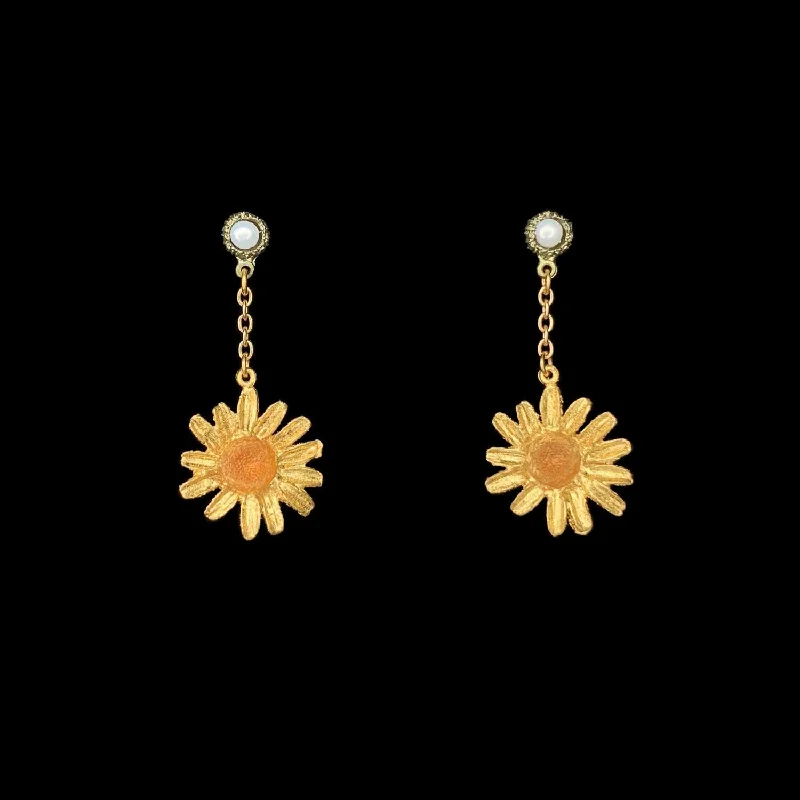 ladies-fashion-leverback-earrings-Yellow Butter Daisy Earrings - Pearl Dangle Post