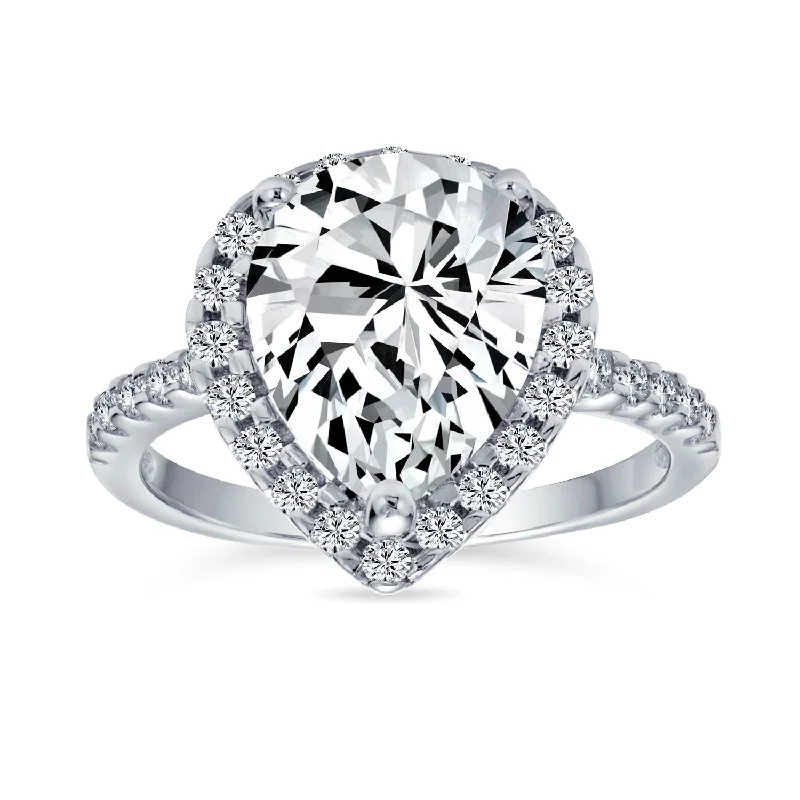 engagement-custom-white-gold-rings-7CT Pear Shaped Halo Solitaire Engagement Ring, Sterling Silver CZ Pave Band