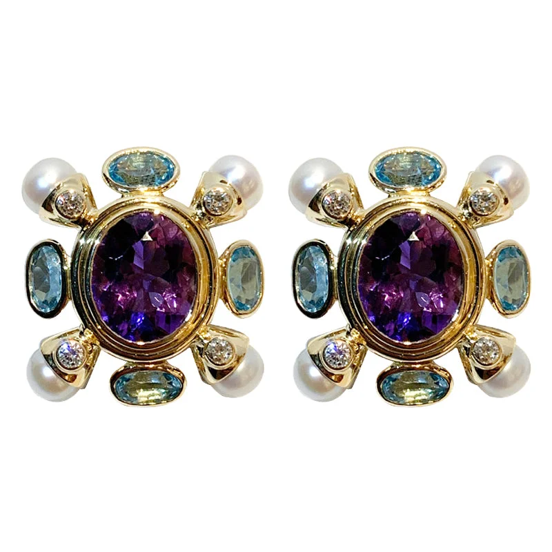 ladies-cross-hook-earrings-Earrings- Amethyst, Blue Topaz, F.W. Pearl and Diamond in 18k Gold