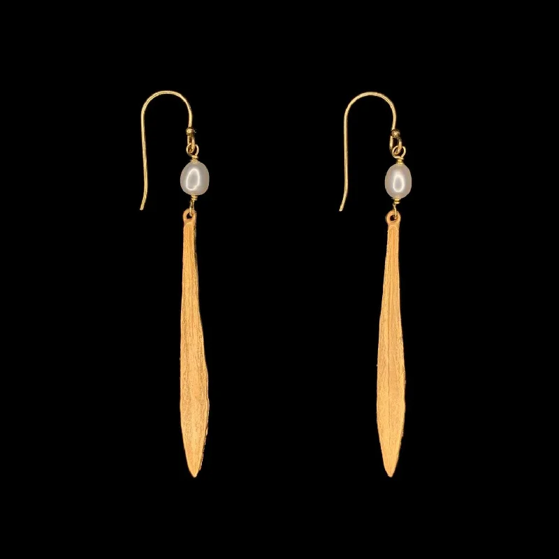 ladies-bridal-leverback-earrings-Leaf and Bud Earrings - Long Pearl Drop Wire