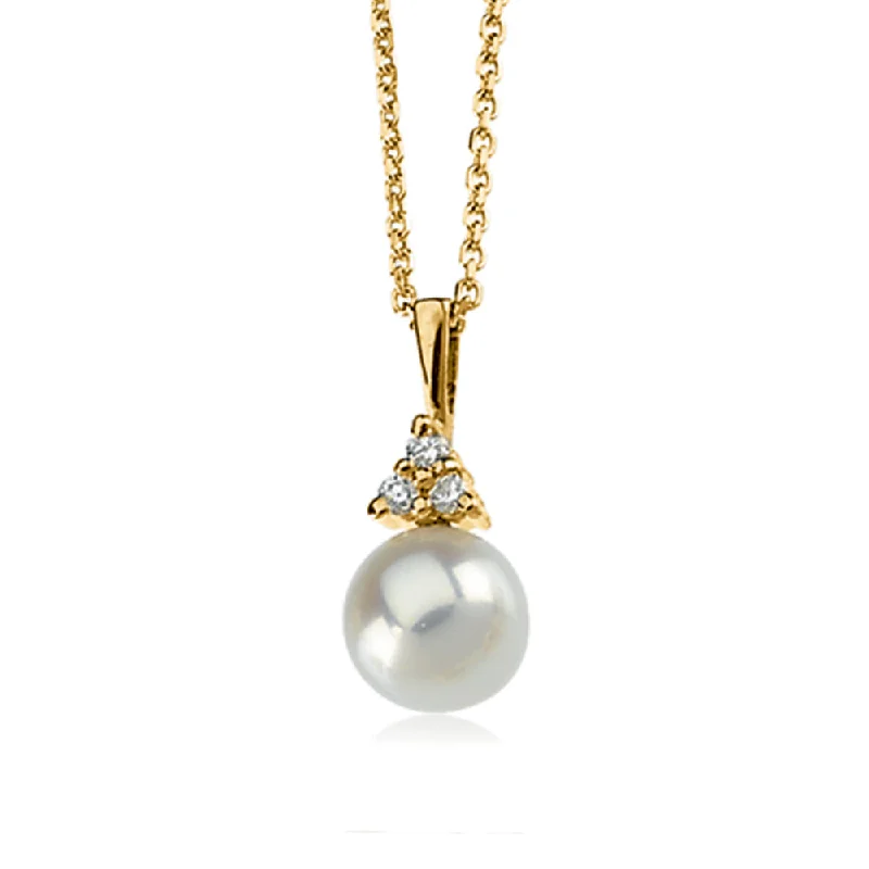 Ladies necklaces for cafe vibes -7mm Akoya Cultured Pearl & .06 Ctw Diamond Necklace in 14k Yellow Gold