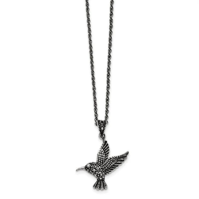 Ladies necklaces brilliant elegance -Marcasite Hummingbird Necklace in Antiqued Stainless Steel, 18 Inch