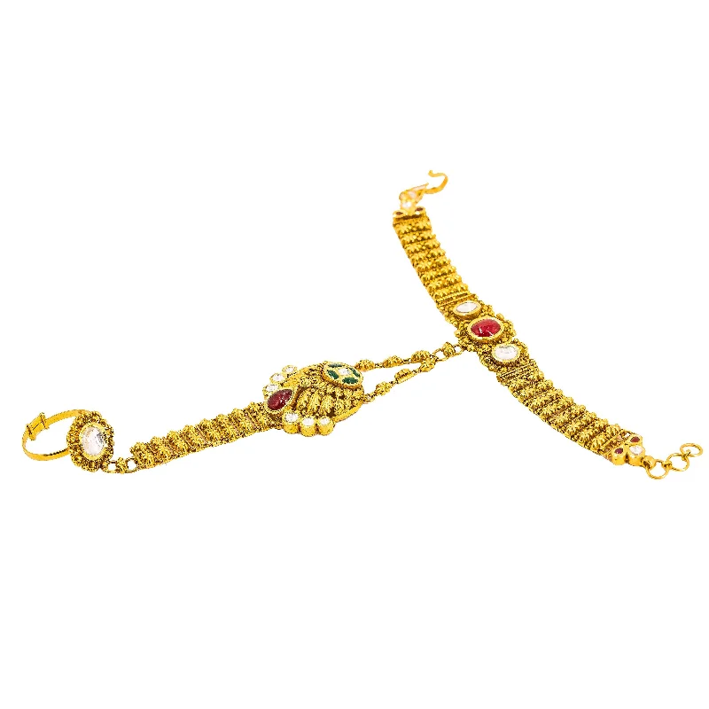 Ladies bracelets chic charm -22K Yellow Gold Panja Finger Bracelet W/ Kundan & Hollow Round Pendant on Flower Accented Chain