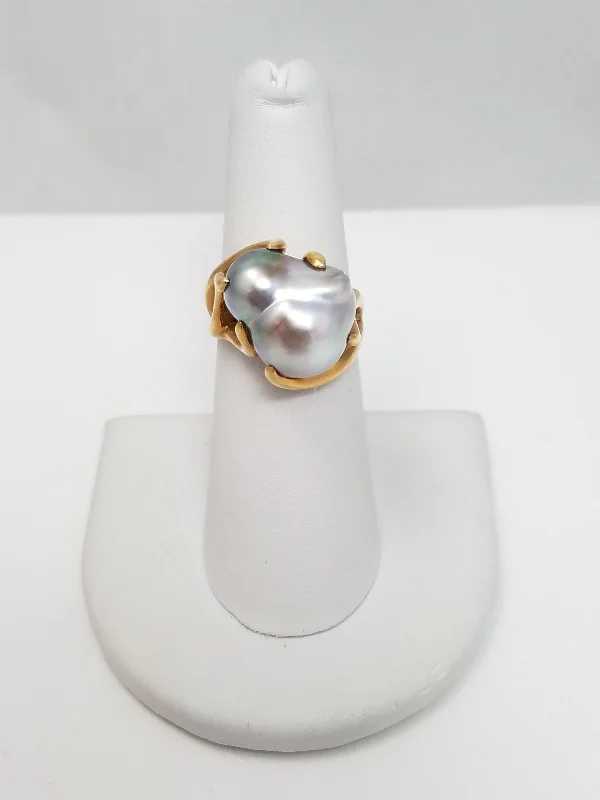 ladies-minimalist-diamond-rings-Custom 14k Yellow Gold Natural Baroque Cultured Pearl Ring