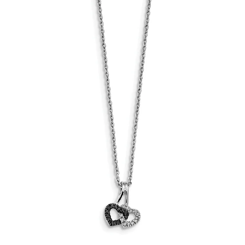 Ladies necklaces satin elegance -Small Black & White Diamond Double Heart Necklace in Sterling Silver