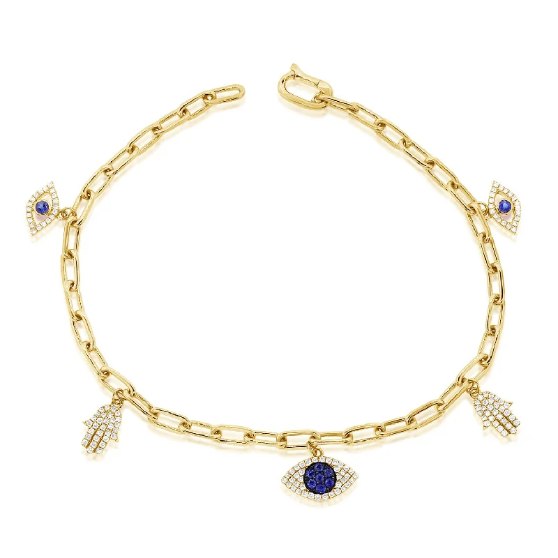 Ladies bracelets with aqua sapphire -14K Yellow Gold Diamond and Sapphire Charm Bracelet