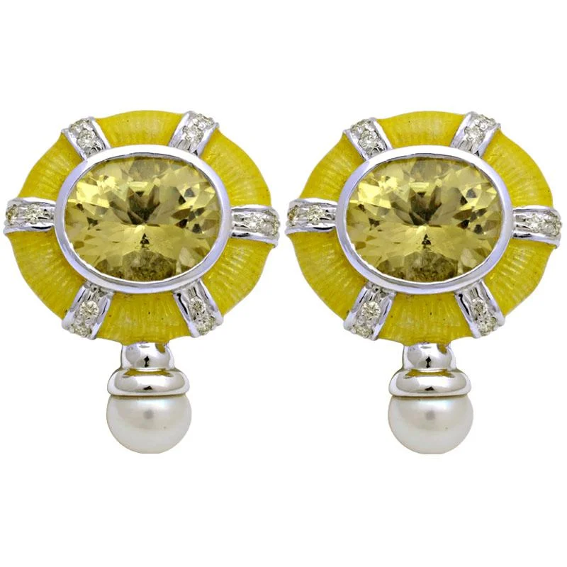 ladies-pearl-rose-gold-earrings-Earrings-Lemon Quartz, Fresh Water Pearl and Diamond (Enamel)  (126JS)