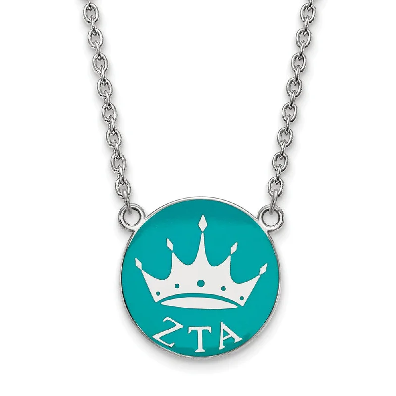 Ladies necklaces for lifelong friends -Sterling Silver Zeta Tau Alpha Large Enamel Crown Disc Necklace