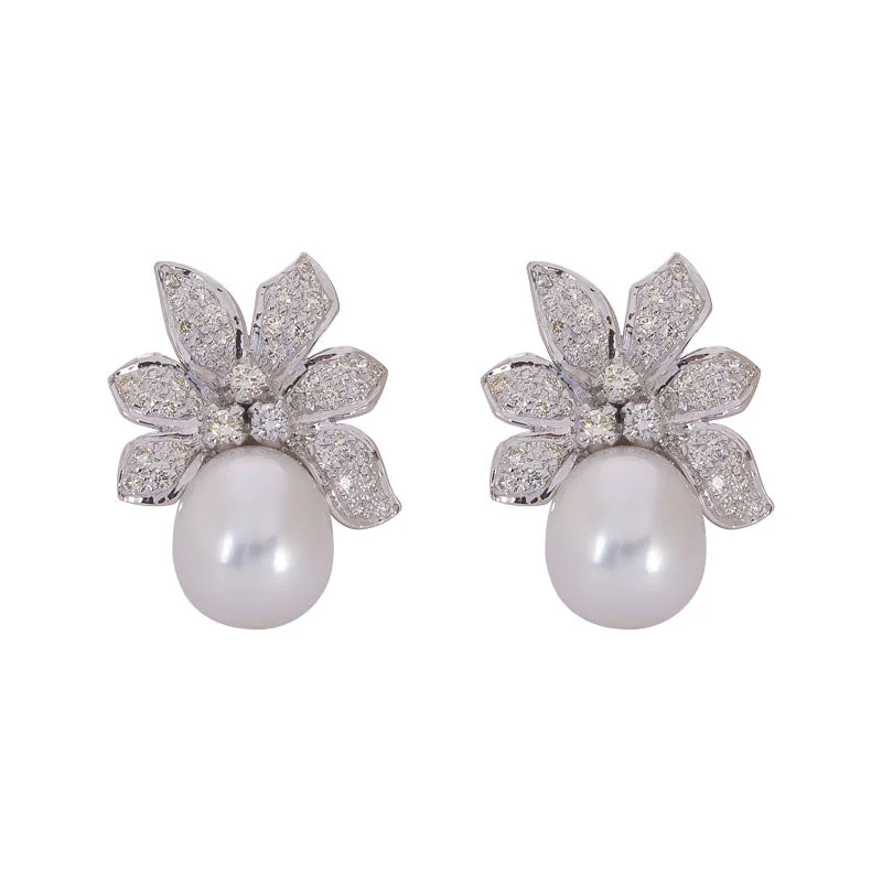 ladies-birthstone-clip-on-earrings-Earrings- S.S. Pearl and Diamond in Silver