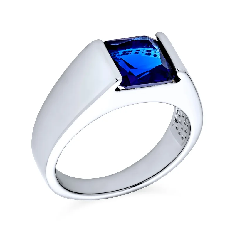 engagement-oval-gold-rings-Traditional Mens Stainless Steel Blue Sapphire CZ Square Cut Engagement Ring